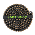 Coiled black and tan JAKT GEAR paracord binocular sling with branded band, isolated on a transparent background.